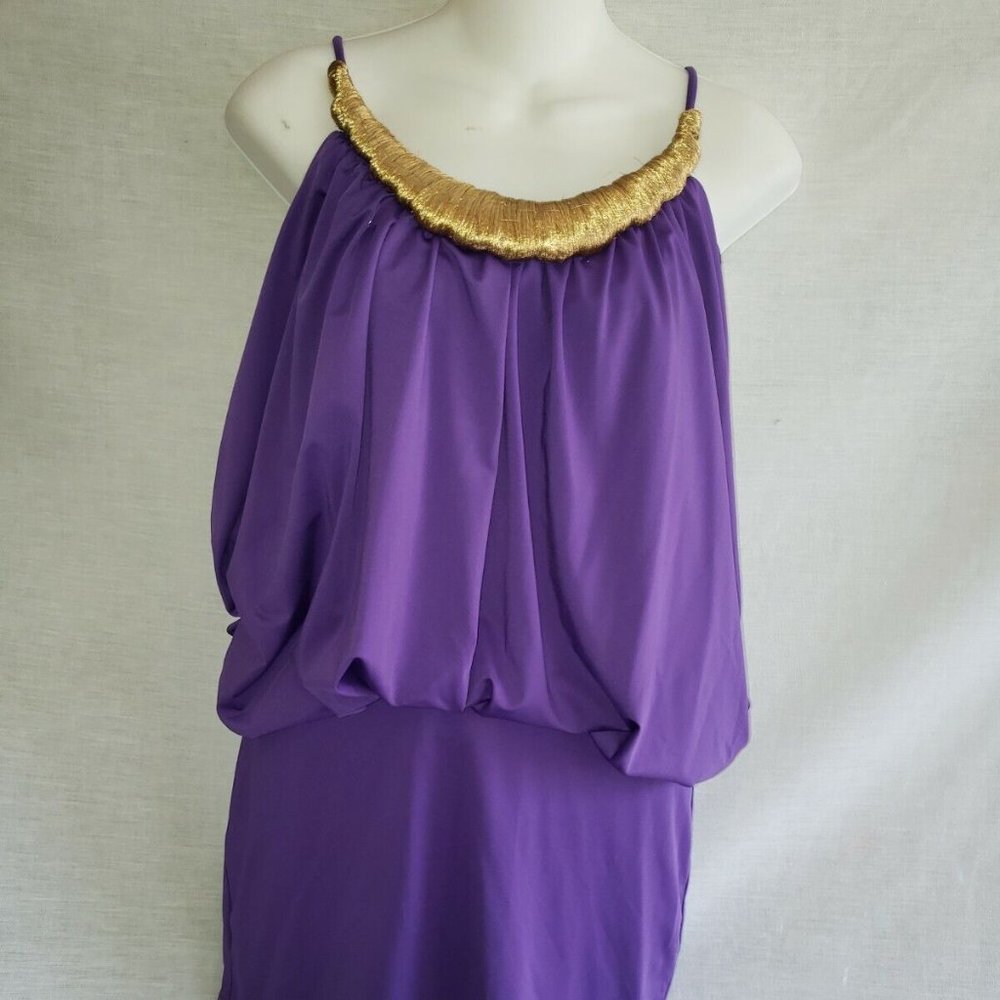 NWT Akira Black Label Sz S (4-6) Purple Party Mini Dress Gold Trim Stretch #998